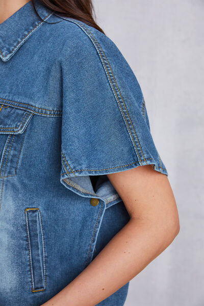 Pocketed Button Up Short Sleeve Denim Top