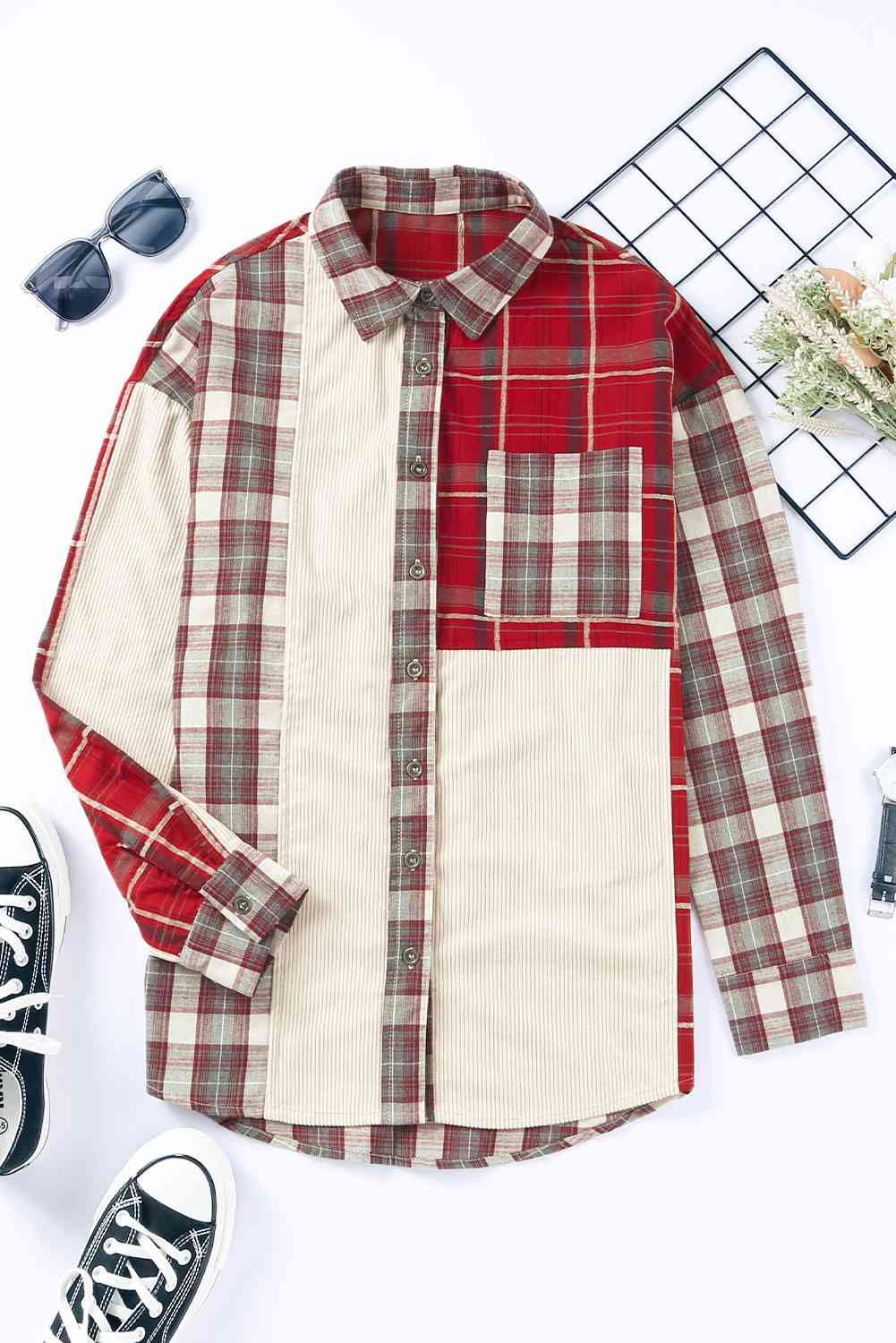 Plaid Collared Neck Buttoned Shirt with Pocket
